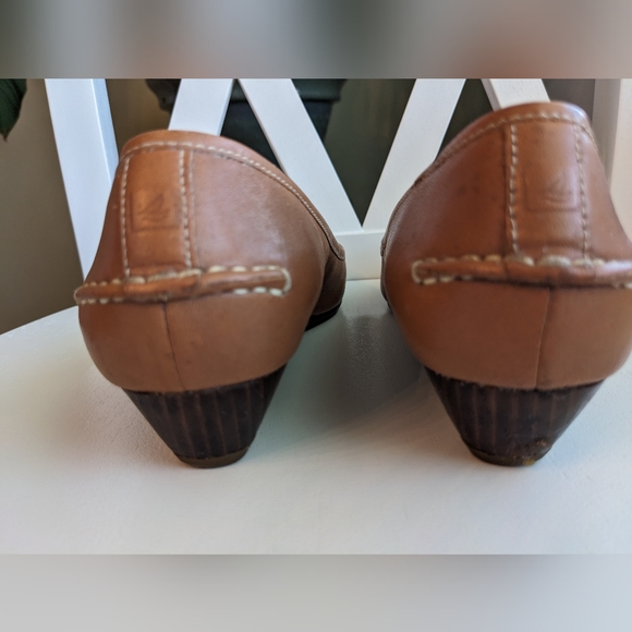 SPERRY • Brown Patent Leather Open Peep Toe Wedge Slip On Heels Seaport Size 6M - Picture 4 of 9